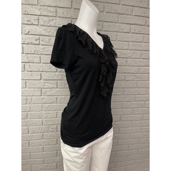 Lauren Ralph Lauren Black Ruffle V Neckline Short Sleeve Top Size M - Picture 5 of 9
